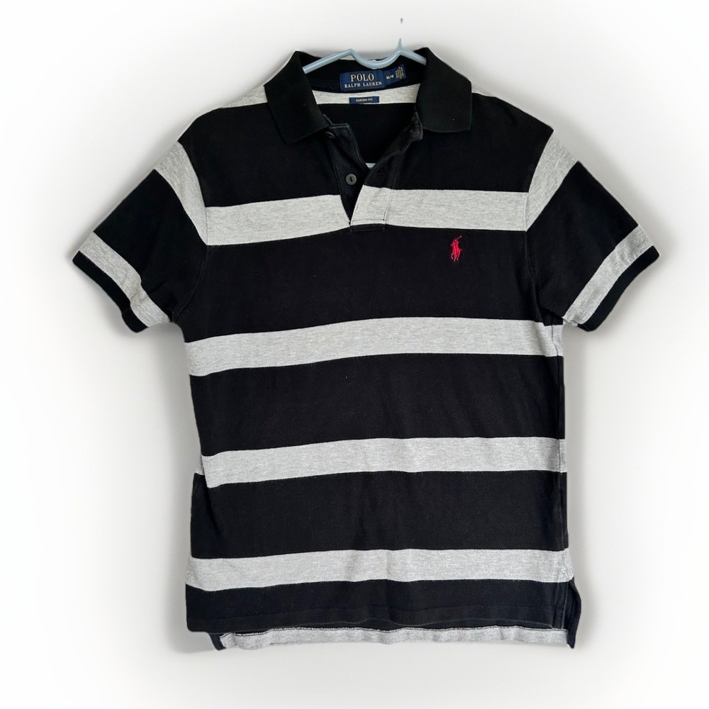 Polo Ralph Lauren Black & Gray Striped "Custom Fit"  Knit Preppy Polo Shirt M